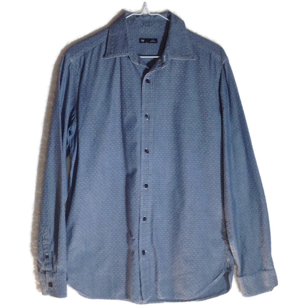Gap Bluish Gray Long Sleeve Button Shirt Slim Fit Large Textured Yoke Curved Hem
